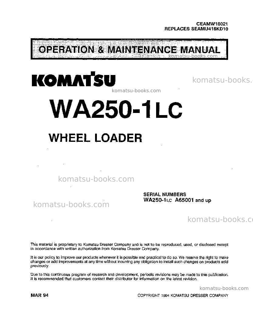 Komatsu wa250-1usa-lc Operation manual cover