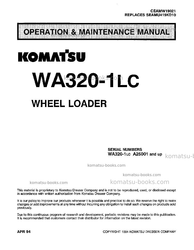 Komatsu wa320-1usa-lc Operation manual cover
