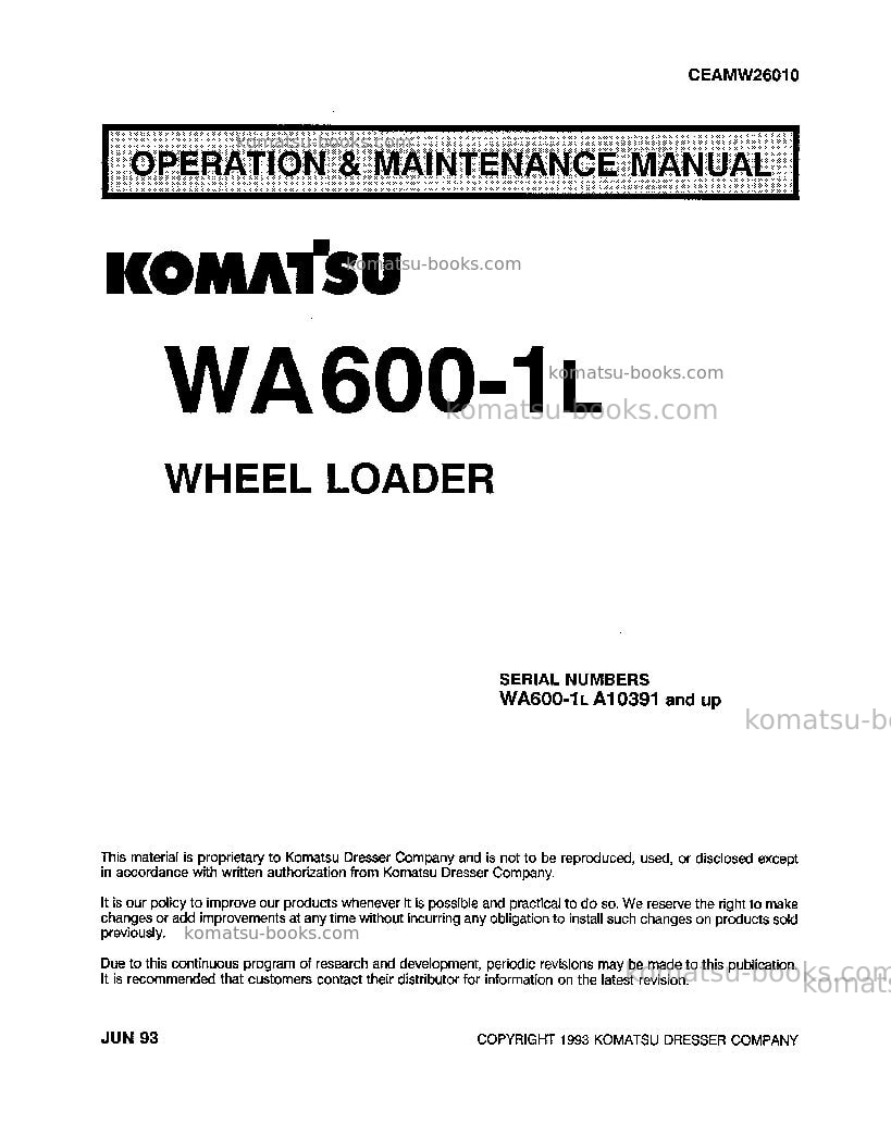 Komatsu wa600-1usa-l Operation manual cover Komatsu wa600-1usa-l Operation manual cover