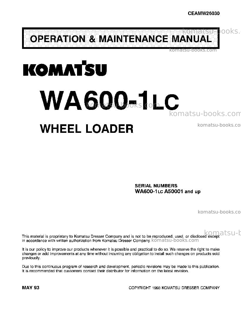 Komatsu wa600-1usa-lc Operation manual cover