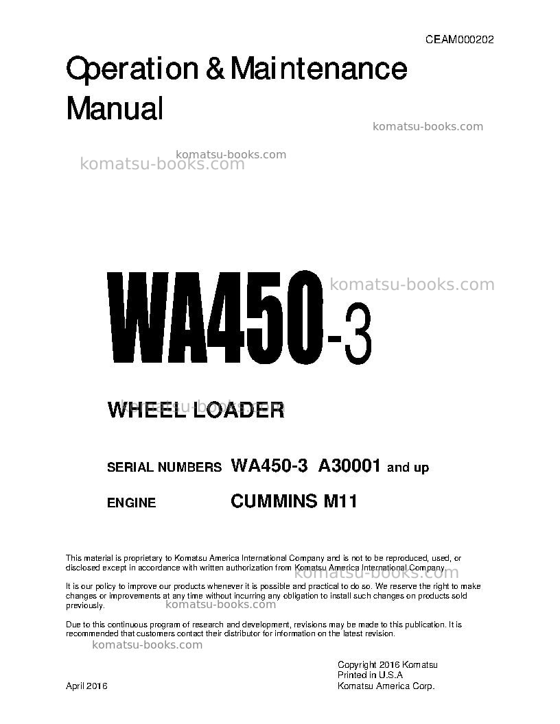 Komatsu wa450-3usa-le Operation manual cover Komatsu wa450-3usa-le Operation manual cover