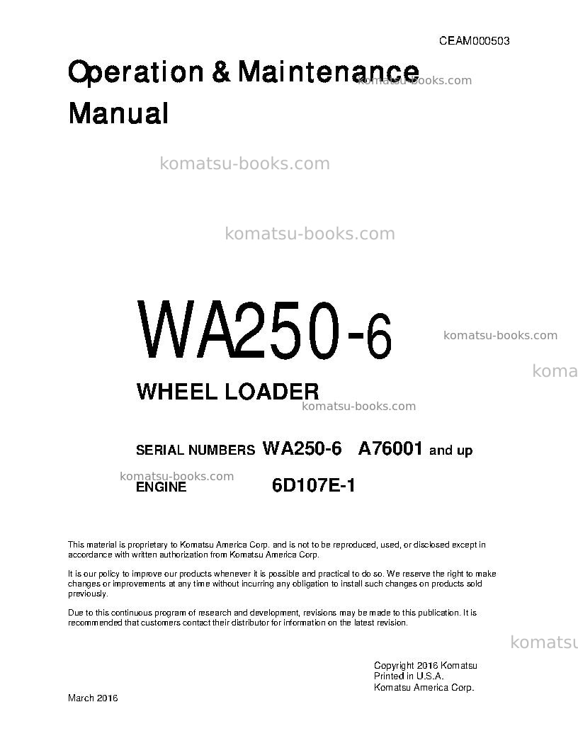 Komatsu wa250-6usa Operation manual cover