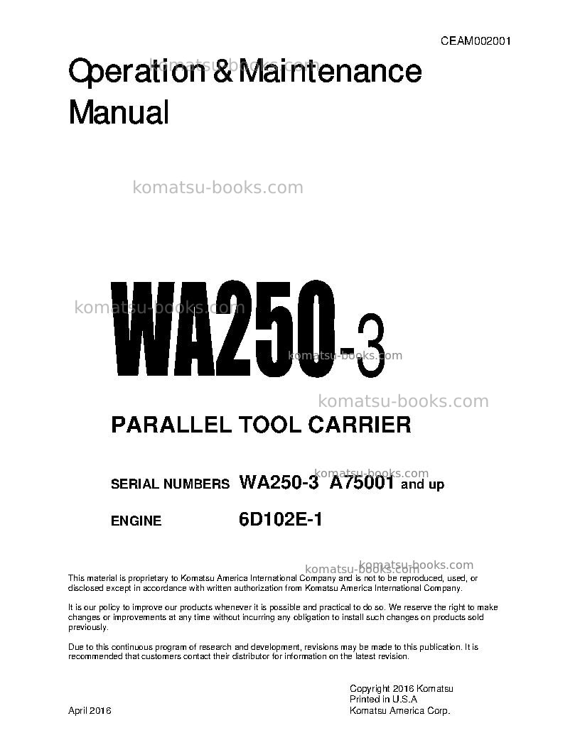 Komatsu wa250-3usa-l Operation manual cover Komatsu wa250-3usa-l Operation manual cover