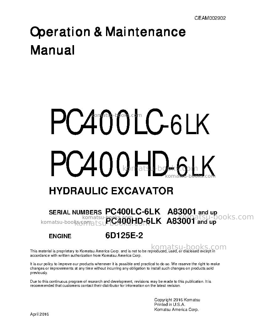 Komatsu pc400hd-6usa-lk Operation manual cover Komatsu pc400hd-6usa-lk Operation manual cover