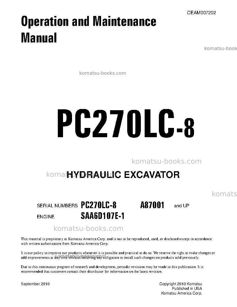 Komatsu pc270lc-8usa Operation manual cover Komatsu pc270lc-8usa Operation manual cover