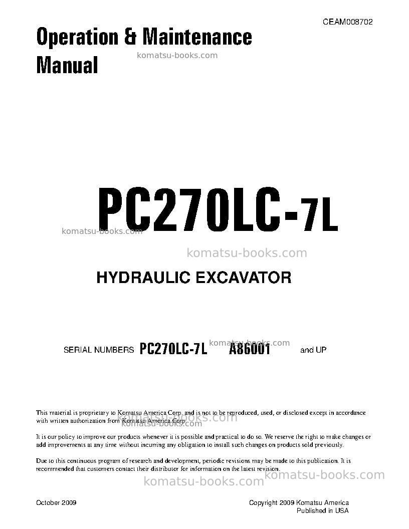 Komatsu pc270lc-7usa-l Operation manual cover