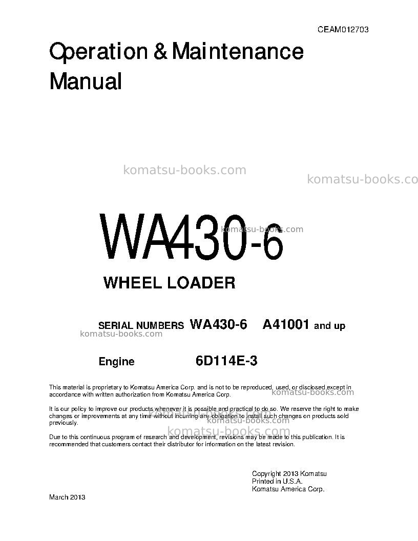 Komatsu wa430-6usa Operation manual cover