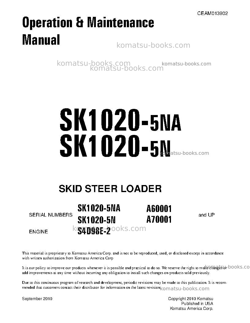 Komatsu sk1020-5usa-na Operation manual cover Komatsu sk1020-5usa-na Operation manual cover