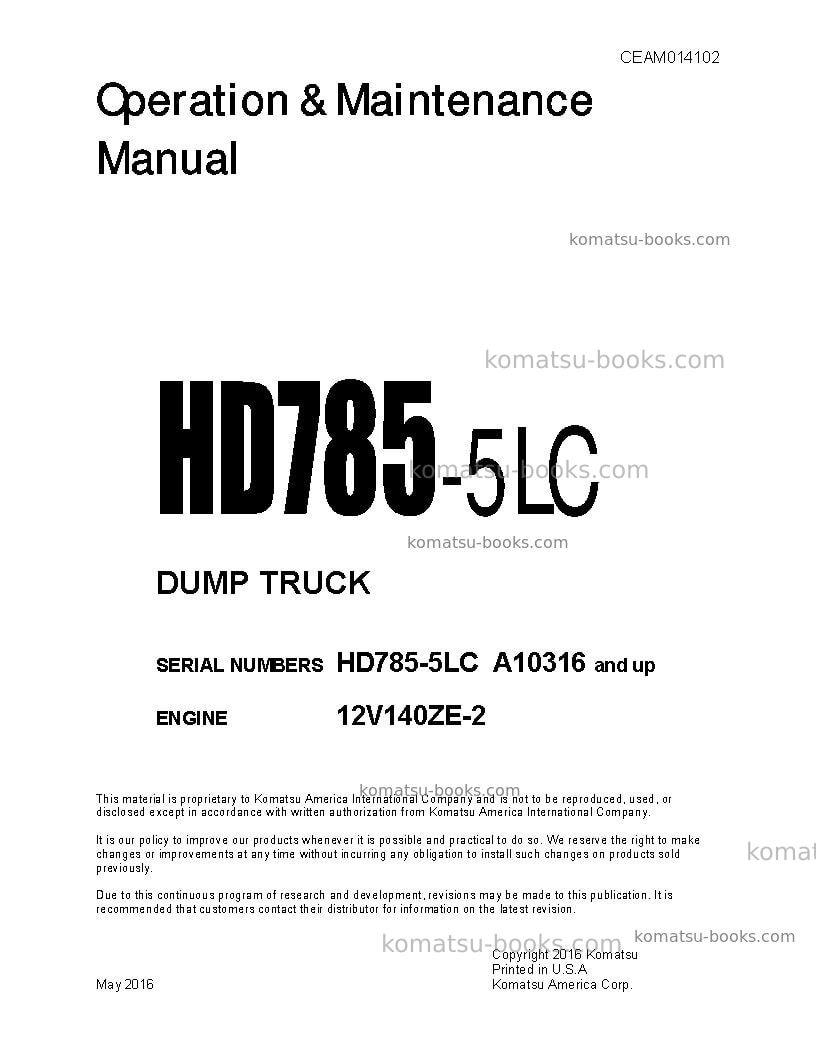Komatsu hd785-5usa-lc Operation manual cover