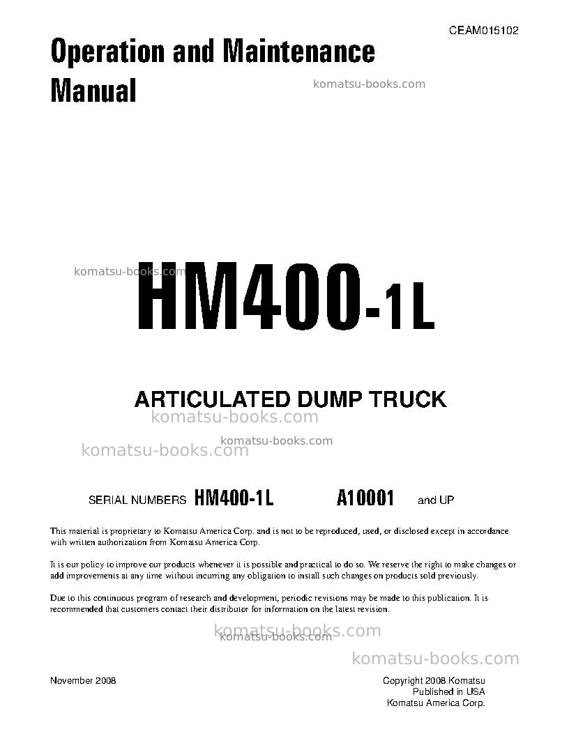 Komatsu hm400-1usa-l Operation manual cover Komatsu hm400-1usa-l Operation manual cover