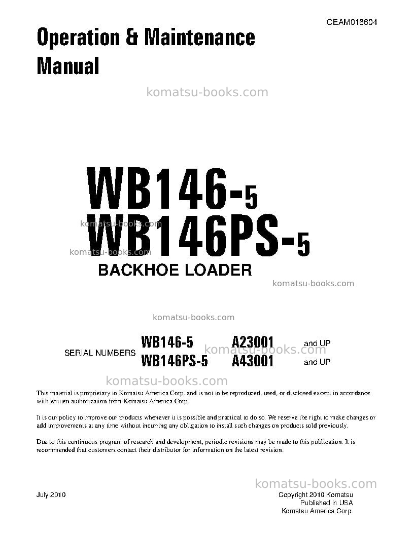 Komatsu wb146ps-5usa Operation manual cover