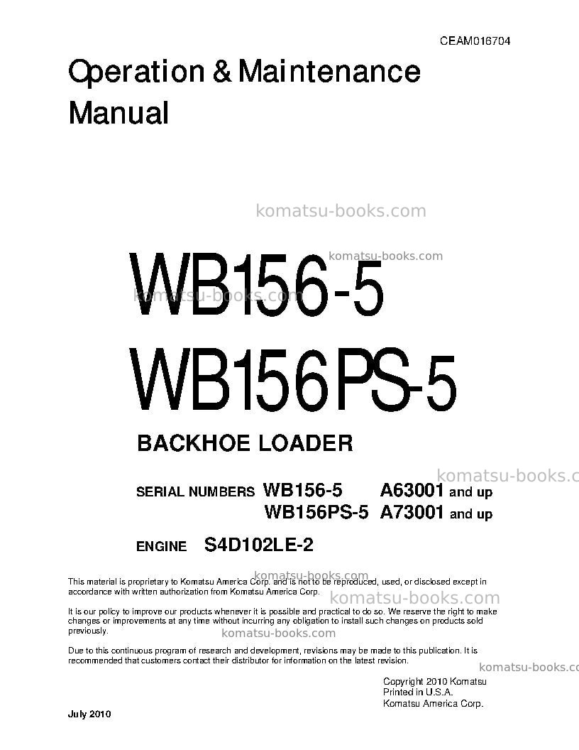 Komatsu wb156ps-5usa Operation manual cover Komatsu wb156ps-5usa Operation manual cover