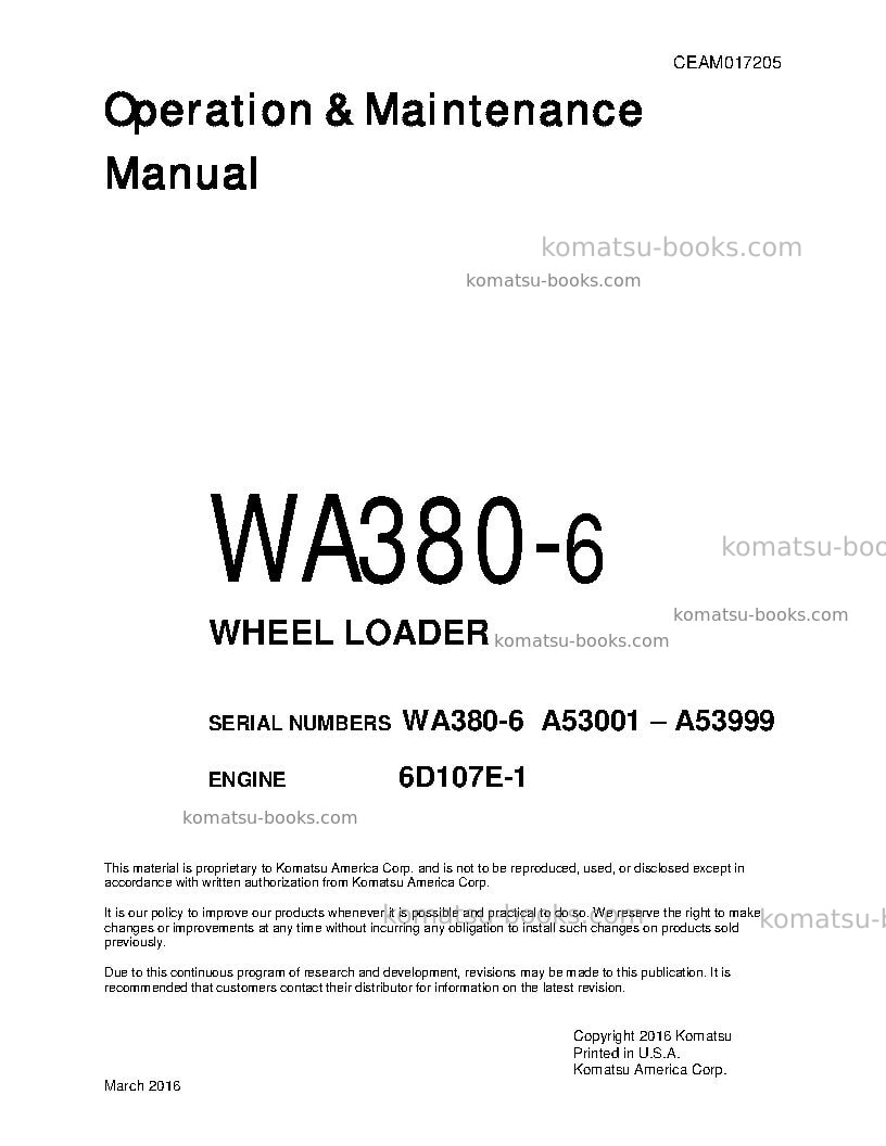 Komatsu wa380-6usa Operation manual cover