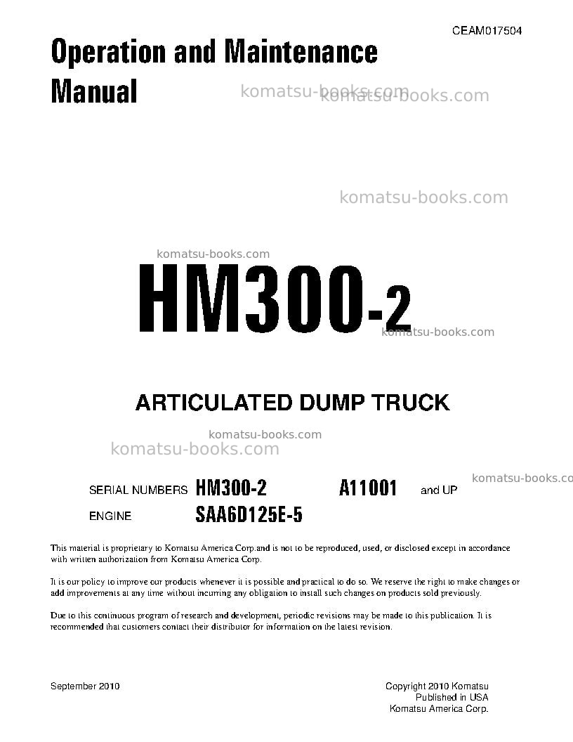Komatsu hm300-2usa Operation manual cover Komatsu hm300-2usa Operation manual cover