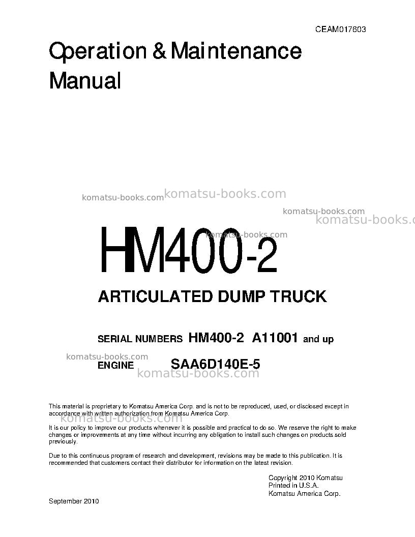 Komatsu hm400-2usa Operation manual cover Komatsu hm400-2usa Operation manual cover
