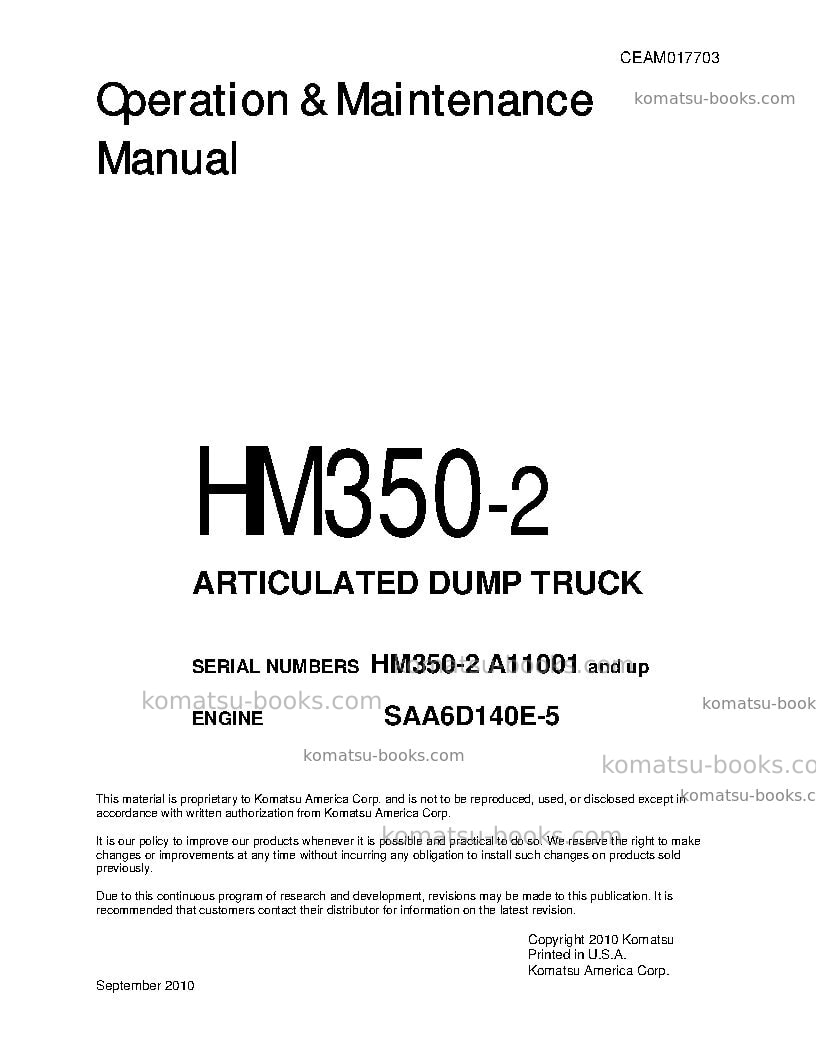 Komatsu hm350-2usa Operation manual cover Komatsu hm350-2usa Operation manual cover