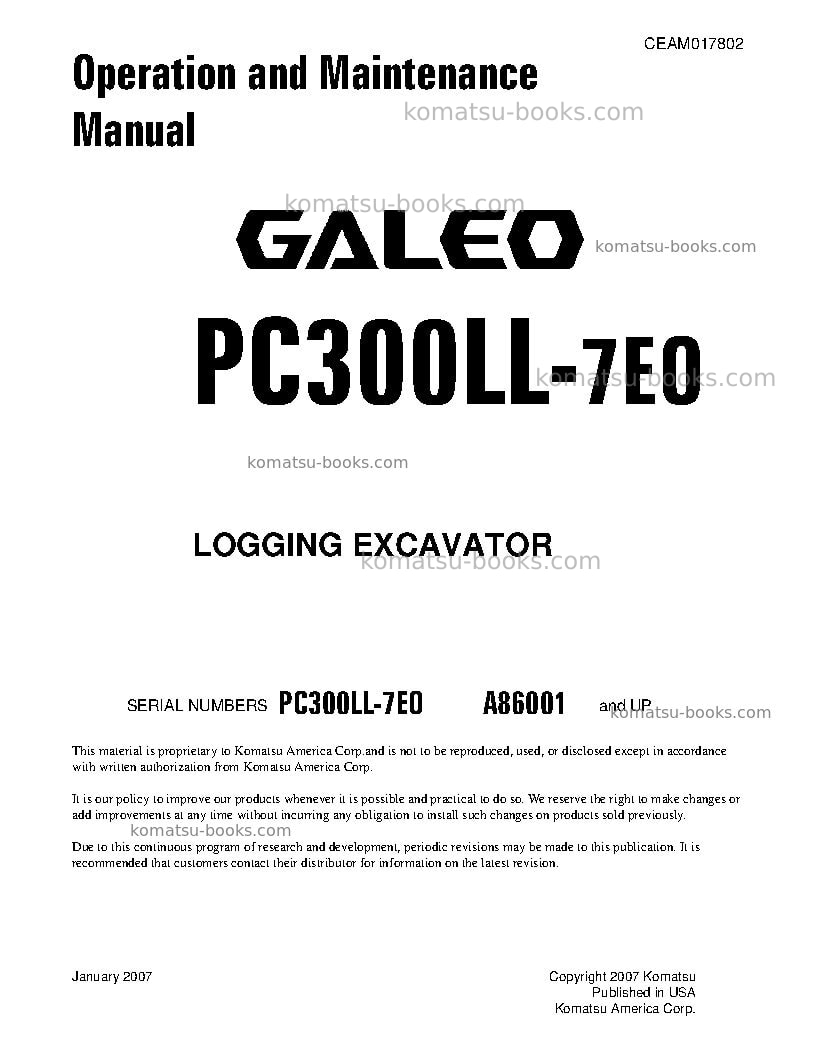 Komatsu pc300ll-7usa-tier 3 Operation manual cover Komatsu pc300ll-7usa-tier 3 Operation manual cover