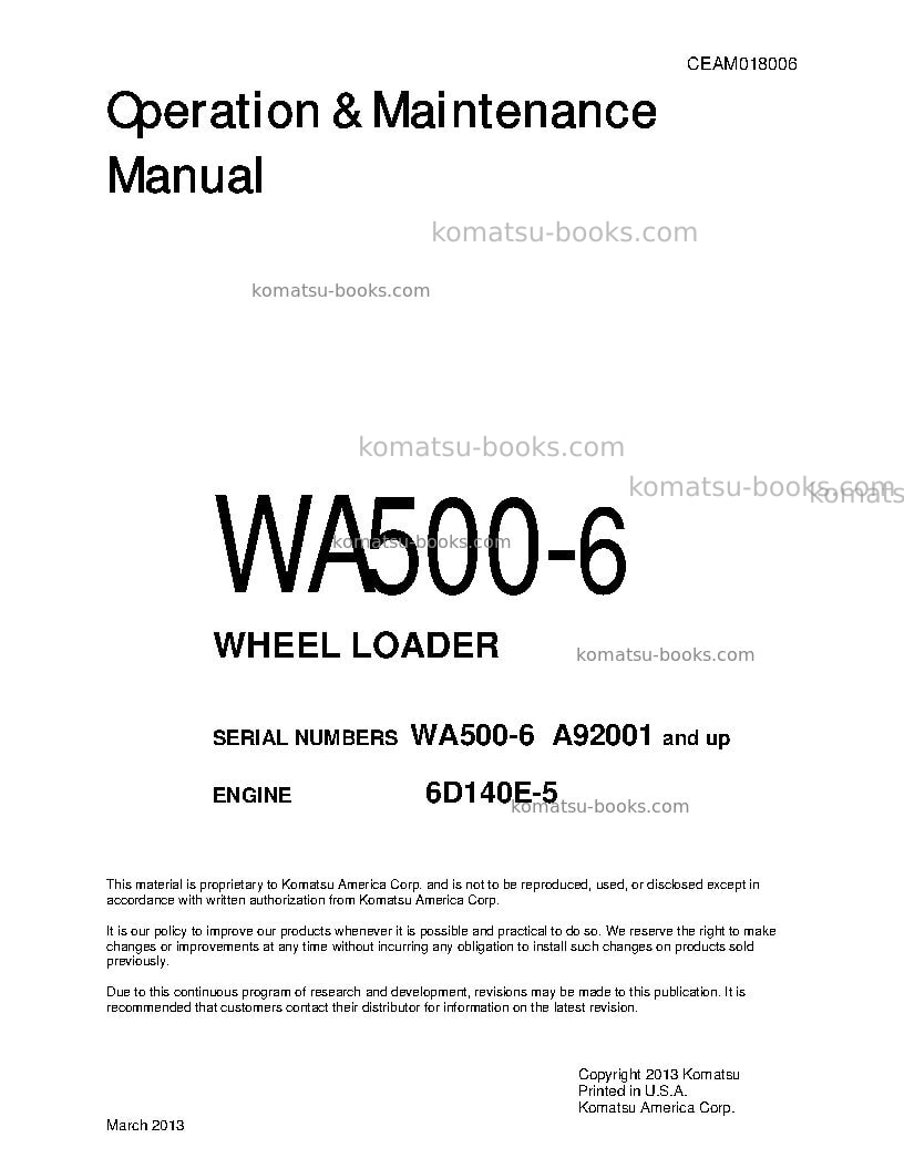 Komatsu wa500-6usa Operation manual cover