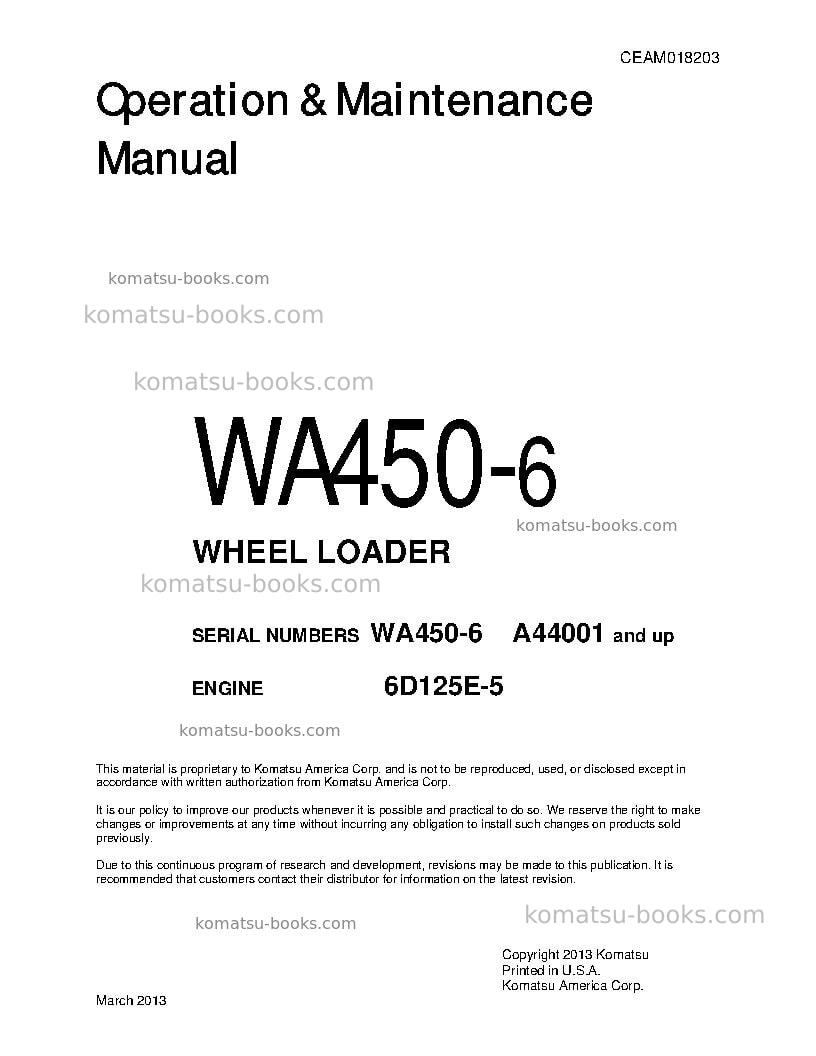 Komatsu wa450-6usa Operation manual cover Komatsu wa450-6usa Operation manual cover