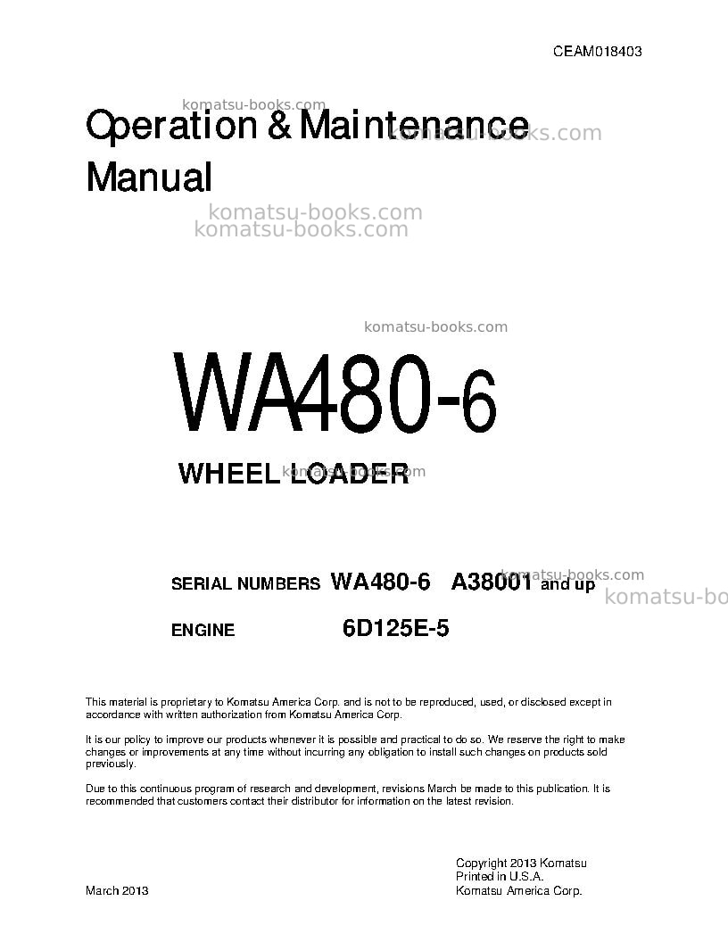 Komatsu wa480-6usa Operation manual cover Komatsu wa480-6usa Operation manual cover