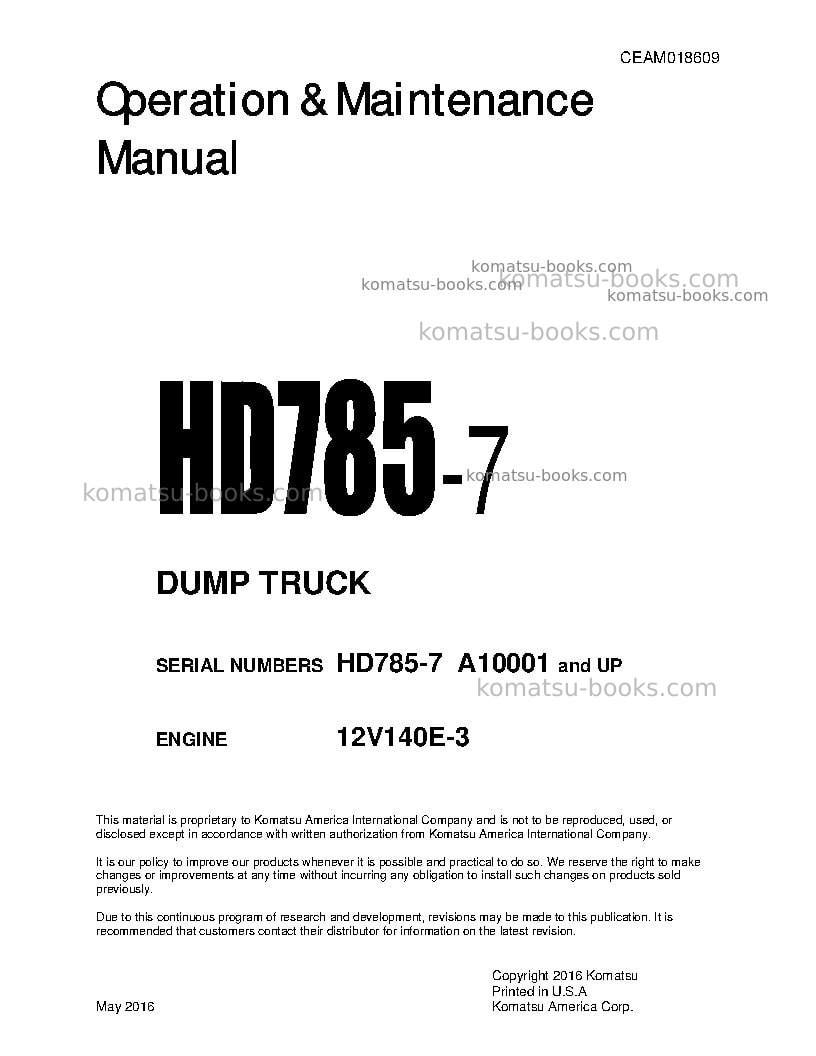 Komatsu hd785-7usa Operation manual cover Komatsu hd785-7usa Operation manual cover