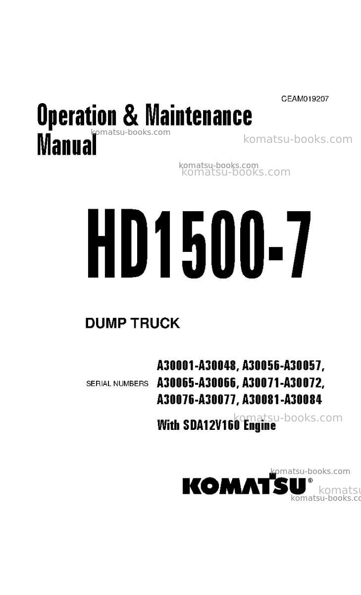 Komatsu hd1500-7usa-w/ sda12v160 Operation manual cover Komatsu hd1500-7usa-w/ sda12v160 Operation manual cover