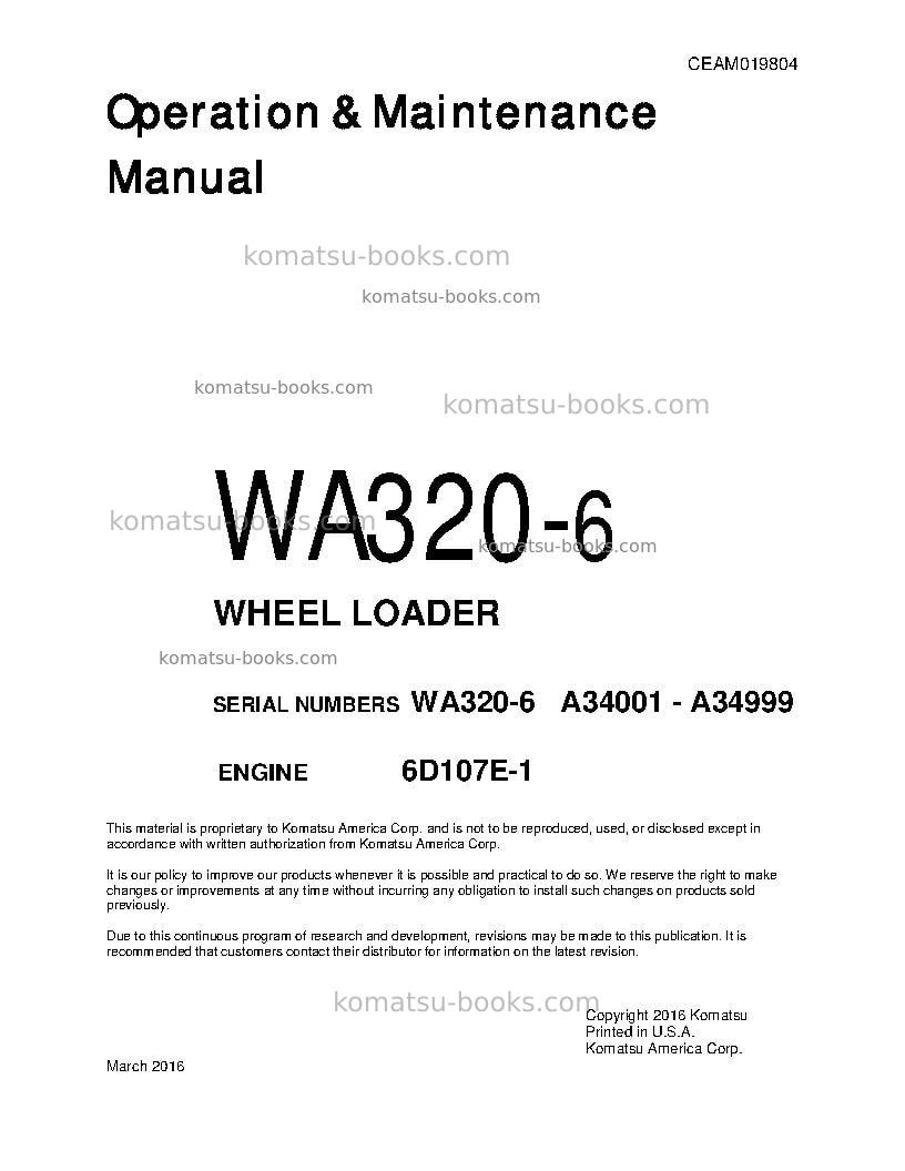 Komatsu wa320-6usa Operation manual cover