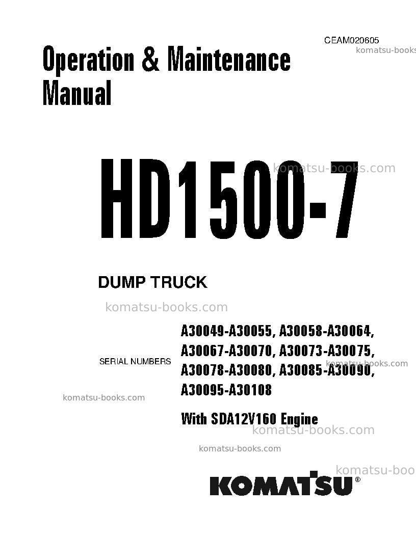 Komatsu hd1500-7usa-w/ sda12v160 Operation manual cover Komatsu hd1500-7usa-w/ sda12v160 Operation manual cover