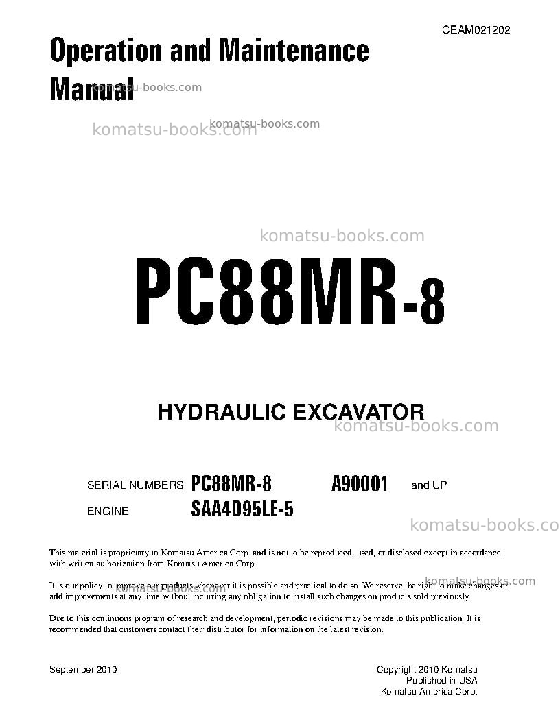 Komatsu pc88mr-8usa Operation manual cover Komatsu pc88mr-8usa Operation manual cover