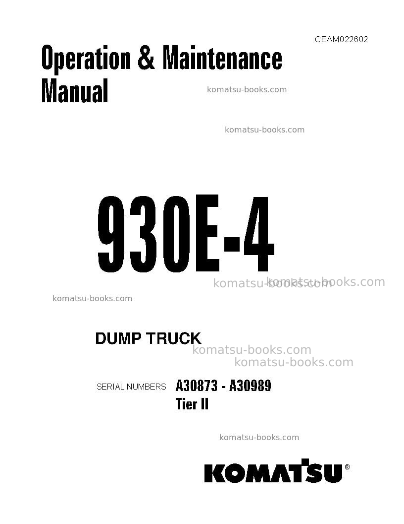 Komatsu 930e-4usa-tier ii Operation manual cover Komatsu 930e-4usa-tier ii Operation manual cover