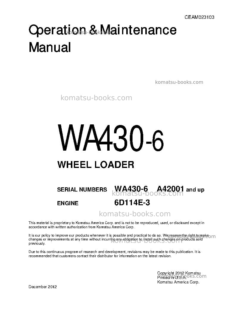 Komatsu wa430-6usa Operation manual cover Komatsu wa430-6usa Operation manual cover