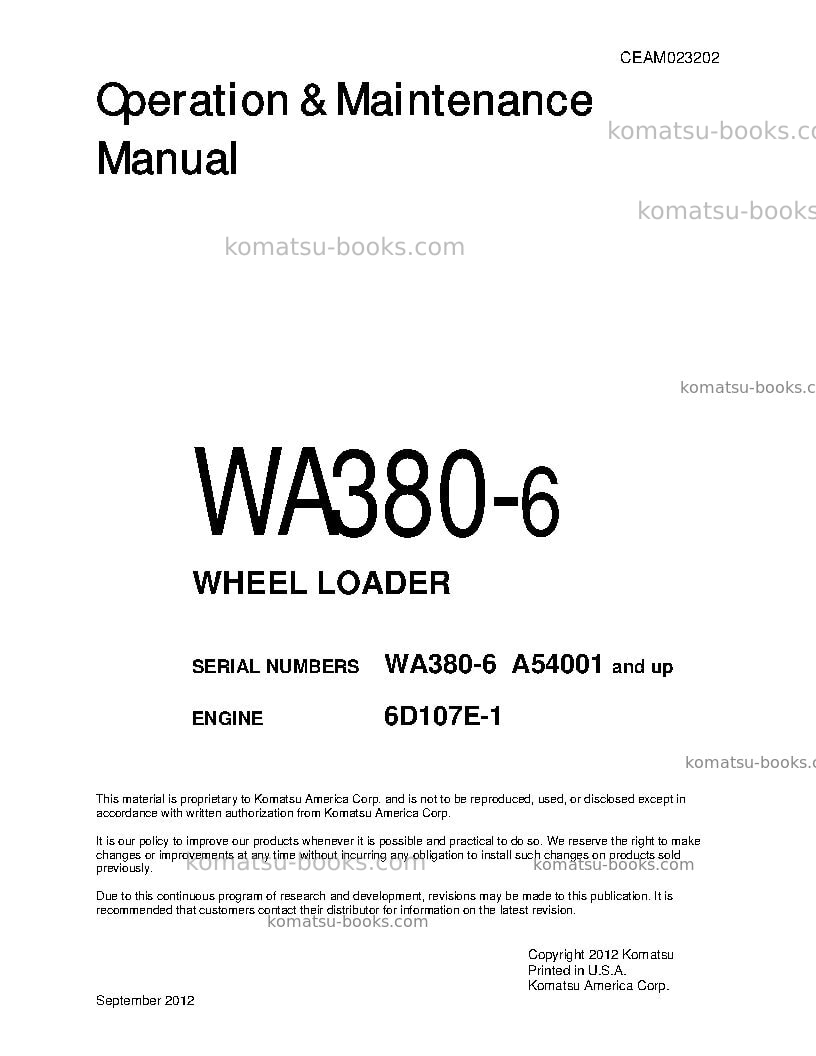 Komatsu wa380-6usa Operation manual cover Komatsu wa380-6usa Operation manual cover