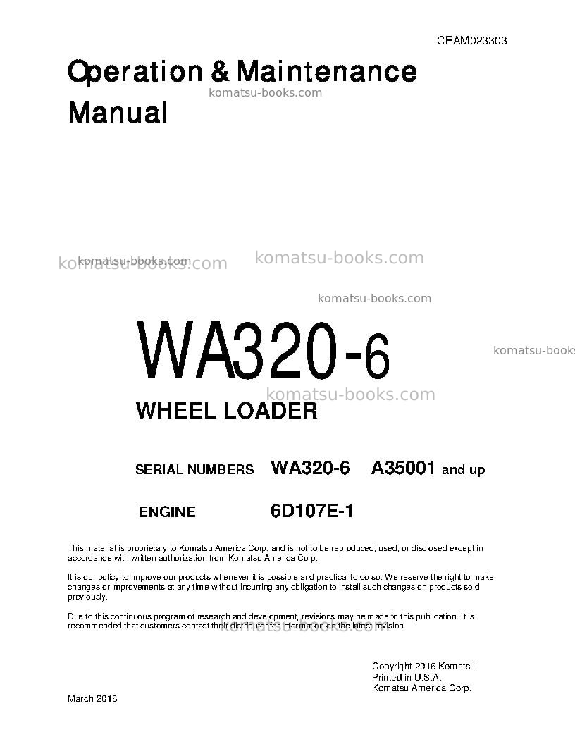 Komatsu wa320-6usa Operation manual cover Komatsu wa320-6usa Operation manual cover