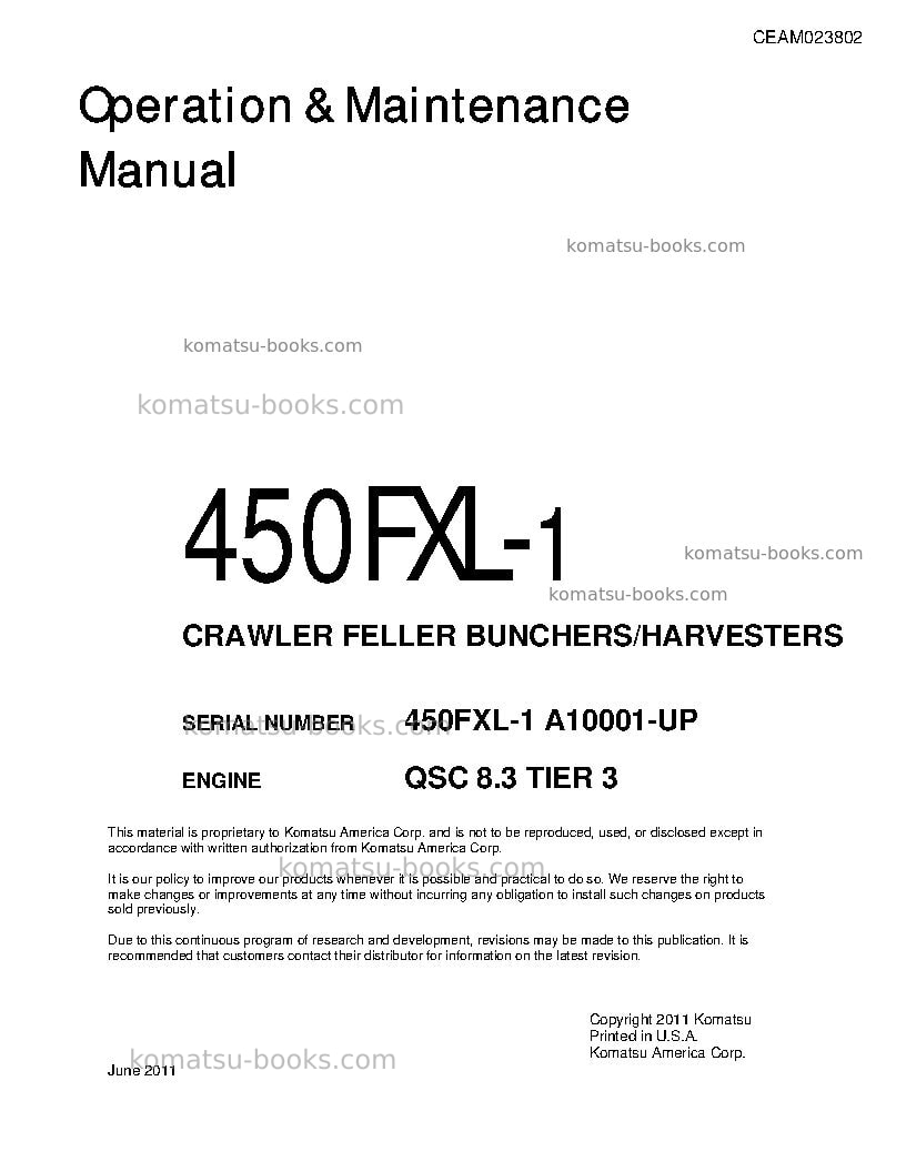 Komatsu 450fxl-1usa Operation manual cover