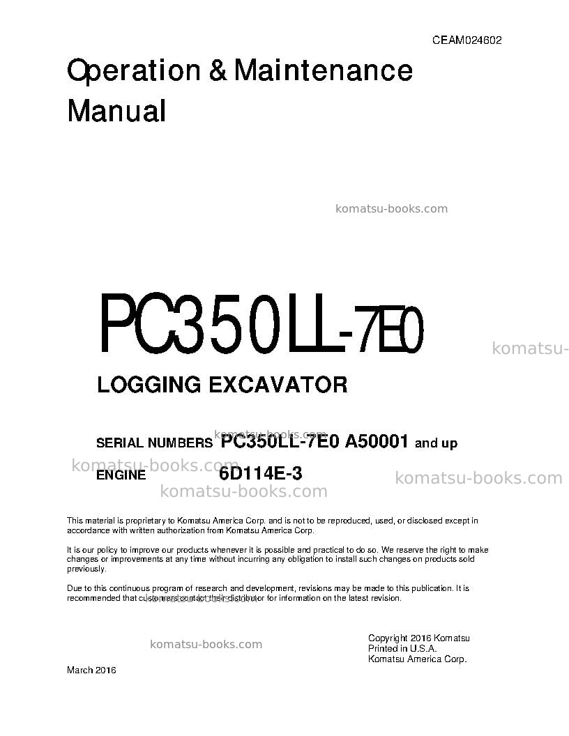 Komatsu pc350ll-7usa-tier 3 Operation manual cover Komatsu pc350ll-7usa-tier 3 Operation manual cover