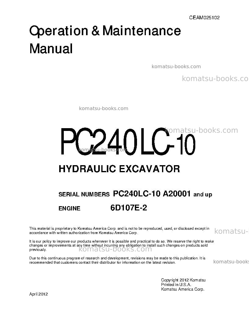 Komatsu pc240lc-10usa Operation manual cover Komatsu pc240lc-10usa Operation manual cover