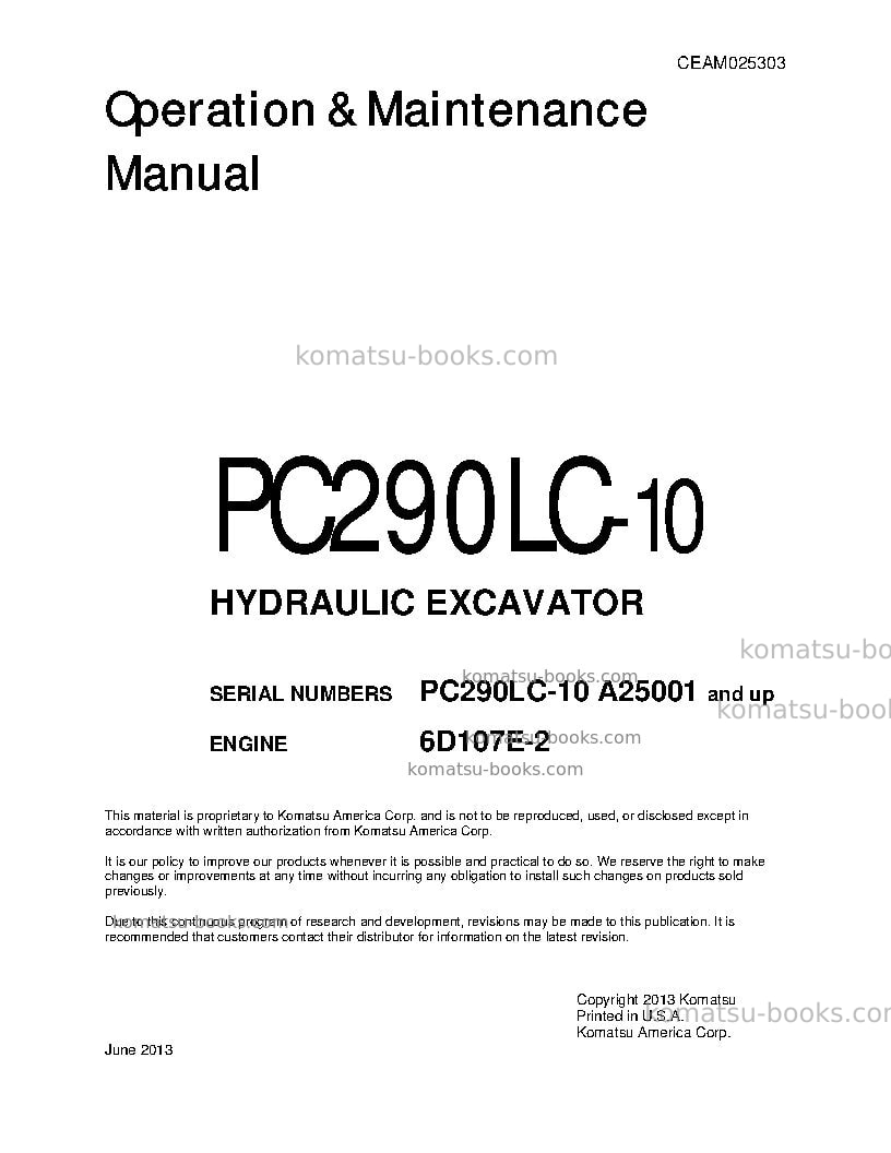 Komatsu pc290lc-10usa Operation manual cover Komatsu pc290lc-10usa Operation manual cover