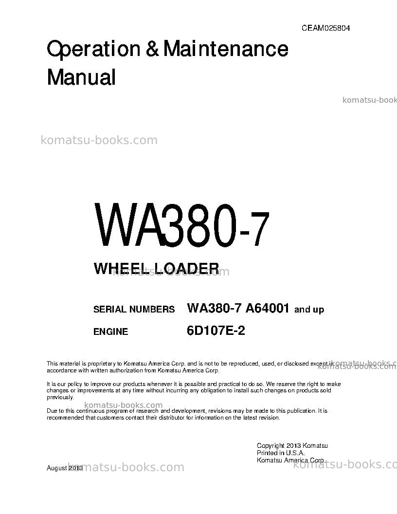 Komatsu wa380-7usa Operation manual cover