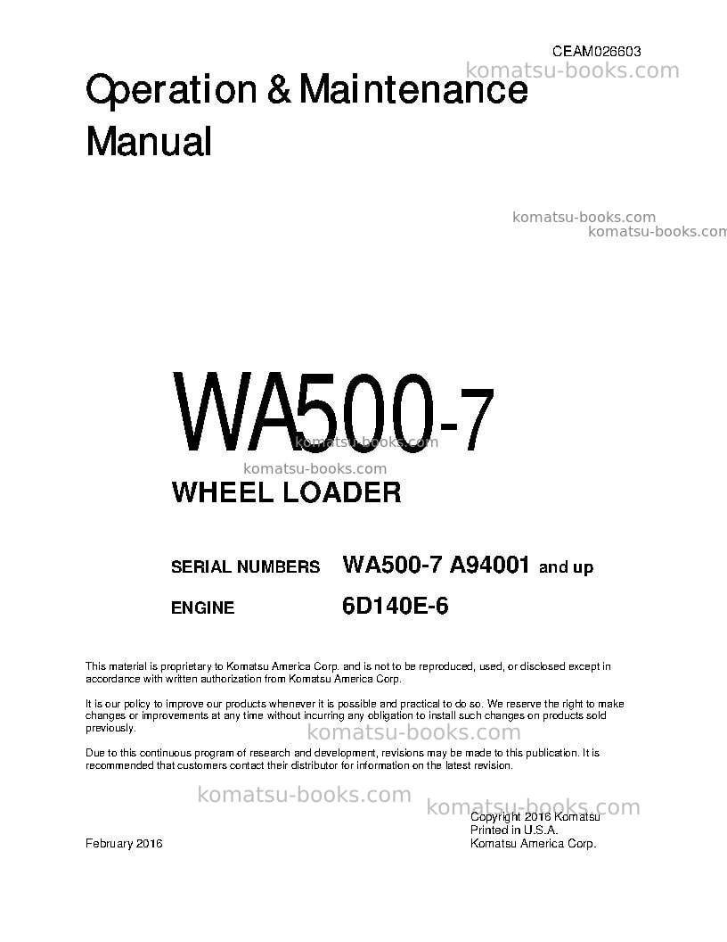 Komatsu wa500-7usa Operation manual cover Komatsu wa500-7usa Operation manual cover