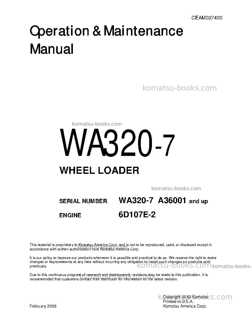 Komatsu wa320-7usa Operation manual cover