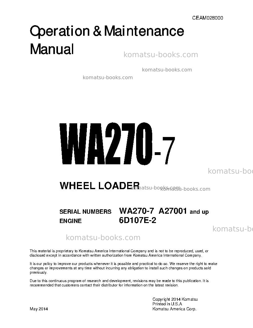 Komatsu wa270-7usa Operation manual cover Komatsu wa270-7usa Operation manual cover
