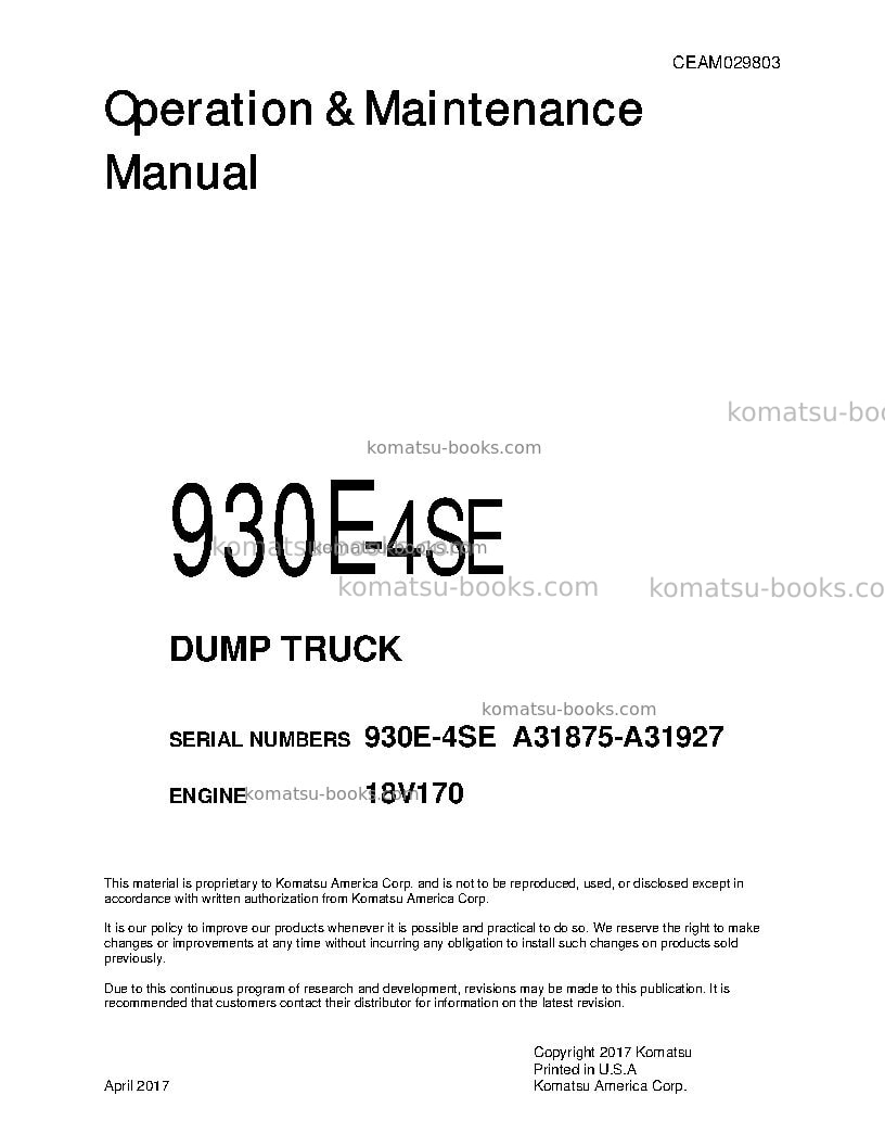 Komatsu 930e-4usa-se Operation manual cover Komatsu 930e-4usa-se Operation manual cover