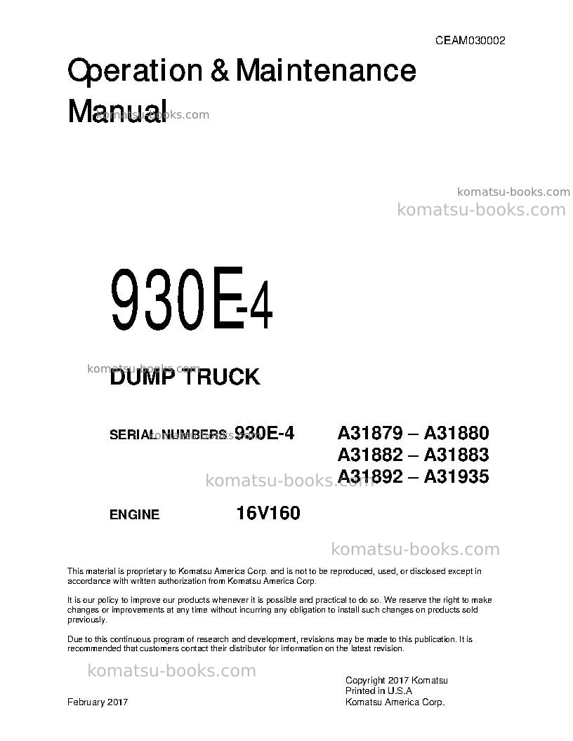 Komatsu 930e-4usa Operation manual cover Komatsu 930e-4usa Operation manual cover