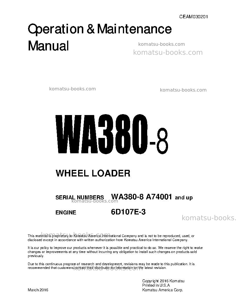 Komatsu wa380-8usa Operation manual cover