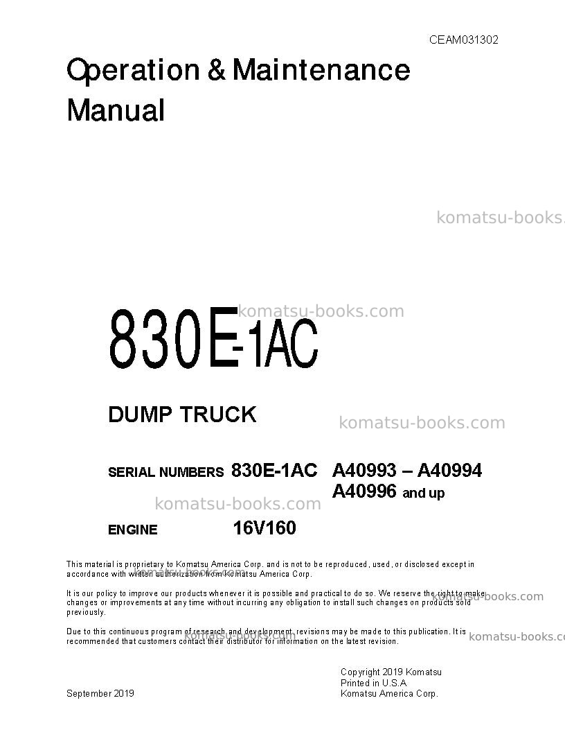 Komatsu 830e-1usa-ac Operation manual cover Komatsu 830e-1usa-ac Operation manual cover