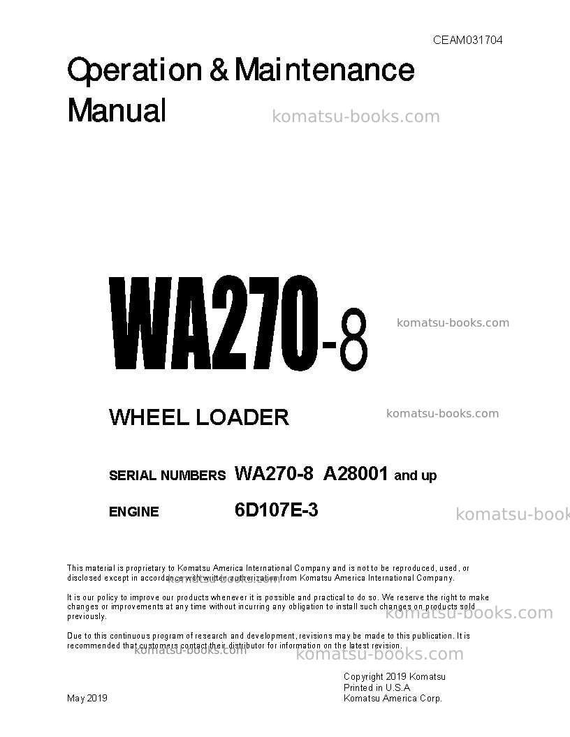 Komatsu wa270-8usa Operation manual cover