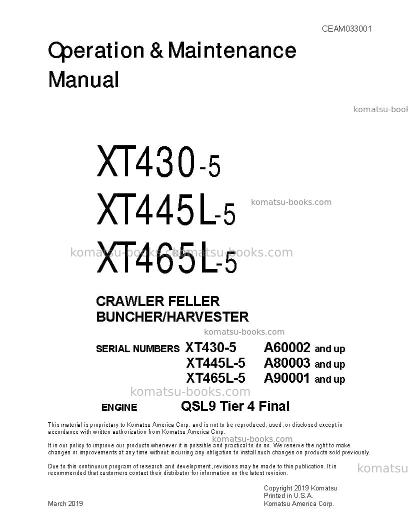 Komatsu xt430-5usa Operation manual cover Komatsu xt430-5usa Operation manual cover