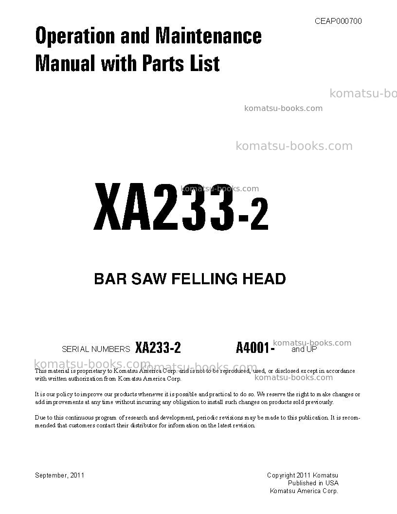 Komatsu xa233-2usa Operation manual cover Komatsu xa233-2usa Operation manual cover