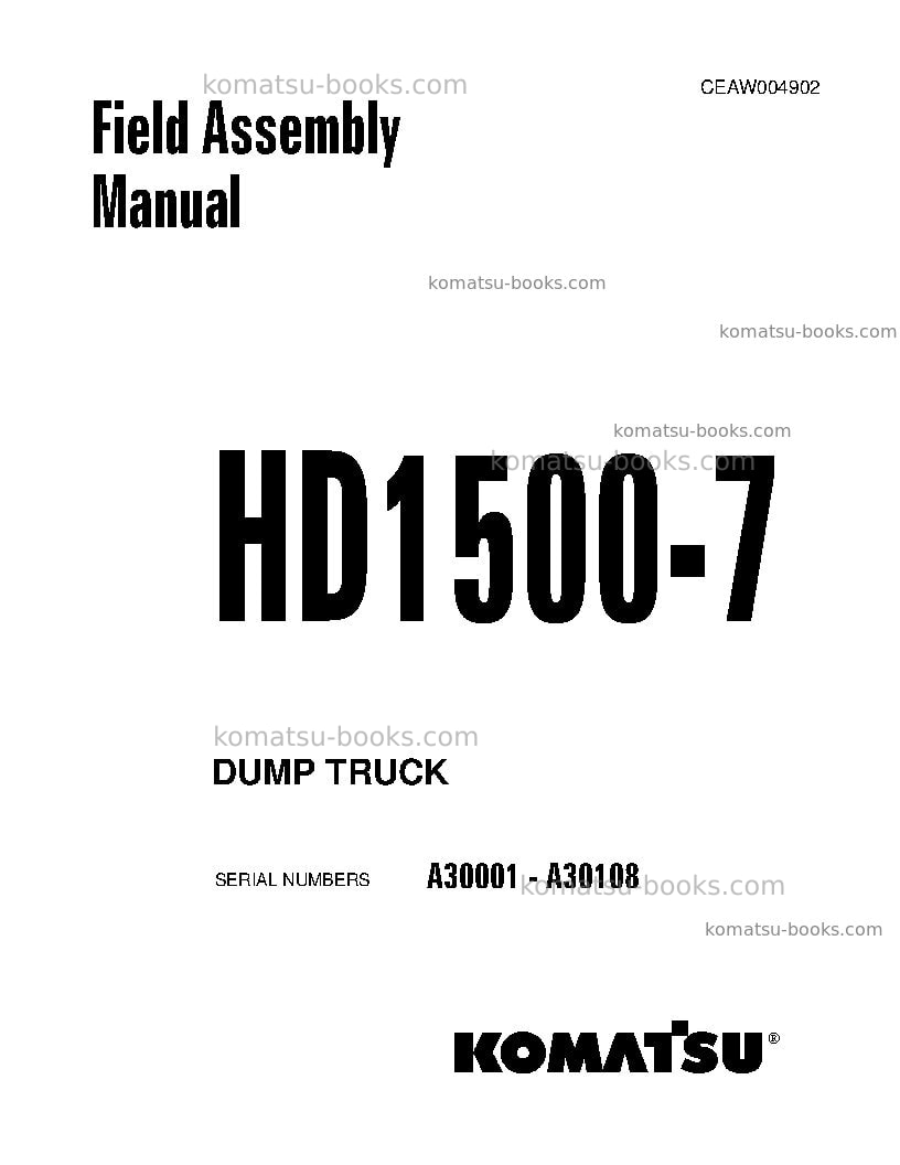 Komatsu hd1500-7usa Field assembly manual cover Komatsu hd1500-7usa Field assembly manual cover