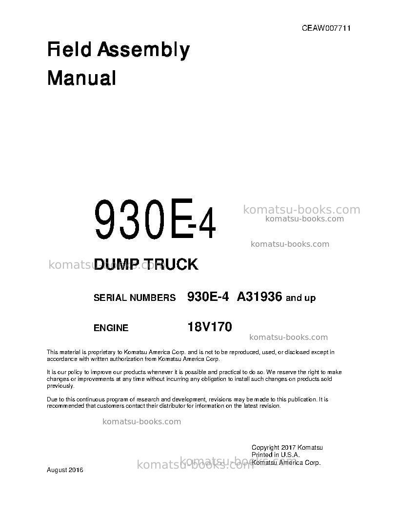 Komatsu 930e-4usa Field assembly manual cover Komatsu 930e-4usa Field assembly manual cover